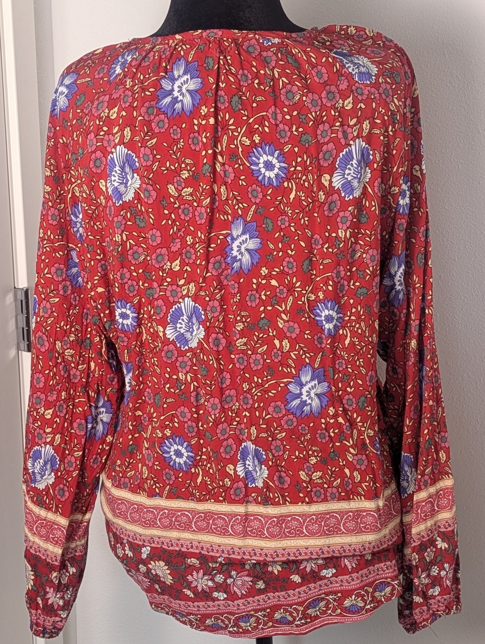 Novica Womens Red Mixed Floral Print Woven Top Blouse Bohemian Long Sleeve Sz L - Picture 6 of 11